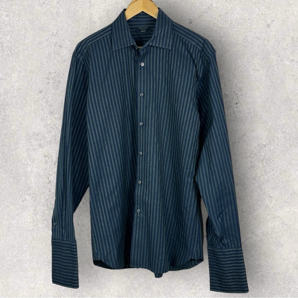 Ted Baker Blue Striped Collared Long Sleeve Cotton Dress Shirt Size 16 Mens Top